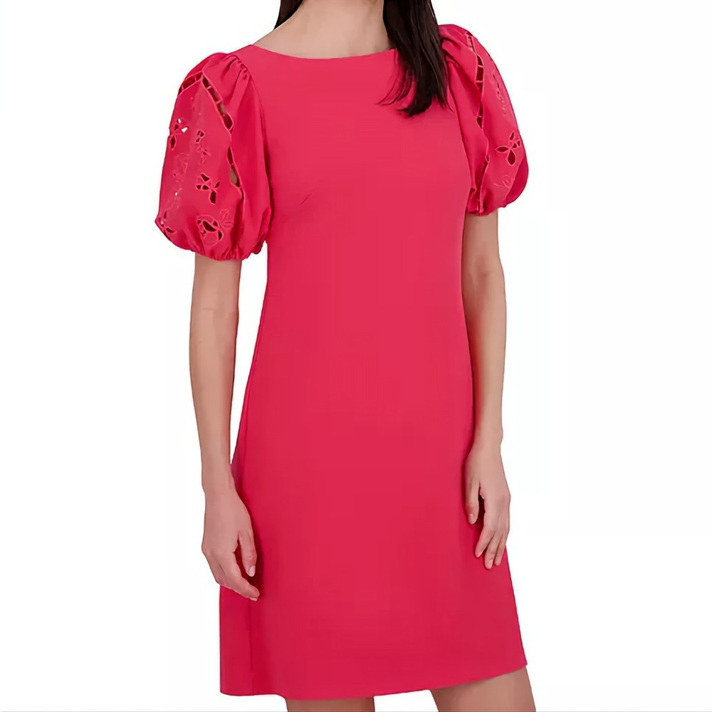 Vince Camuto Boat Neck Eyelet Puff Sleeve Shift Pink Dress Womens Size 4 NWT